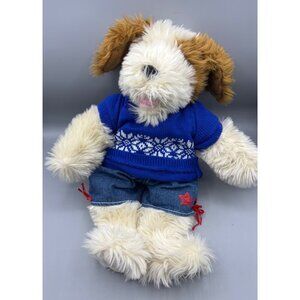 Build A Bear Plush Puppy Dog Toy In Blue Knit Sweater Denim Shorts Fluffy Shaggy